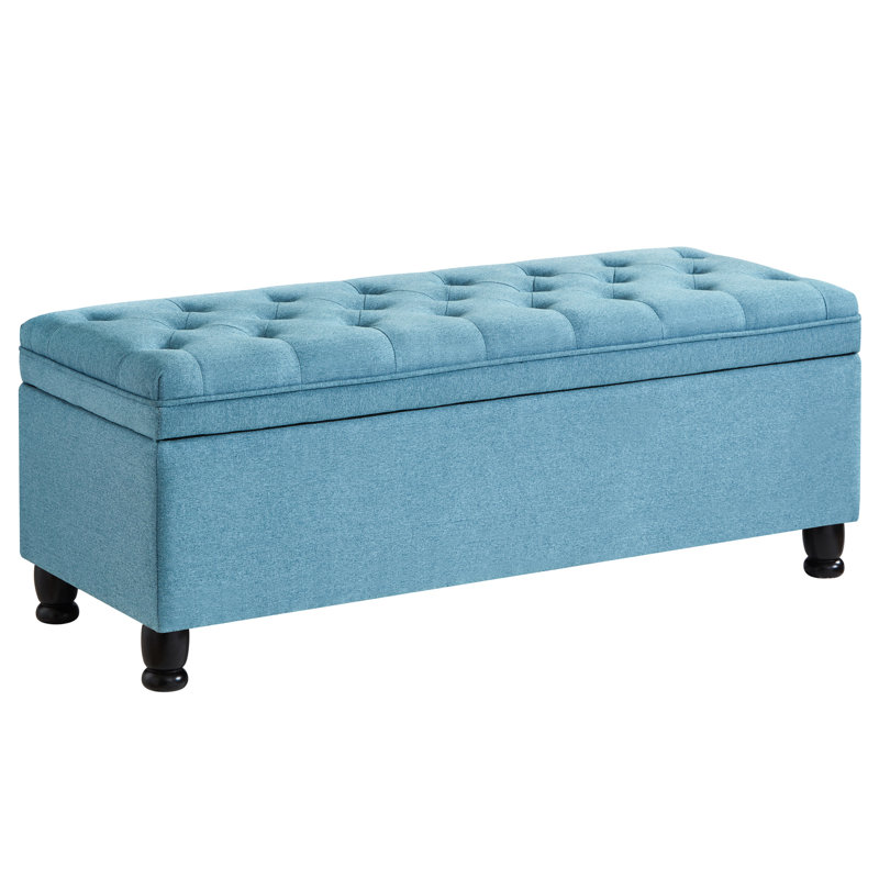 Blue Button Bench With Linen Upholstery And Robust Wooden Construction For Storage Purposes Upholstered In Resilient Support Desires