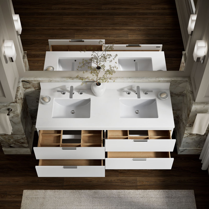 Maxstow 60 In. Wall-Hung Bathroom Vanity Cabinet With Sink And Quartz Top, White