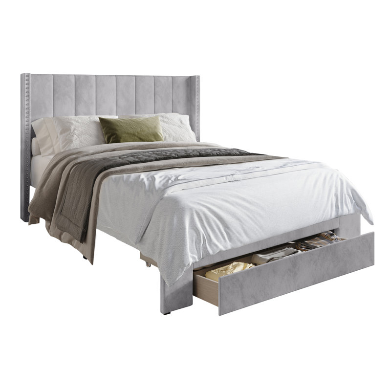 Georgia-Lee Upholstered Wingback Storage Bed, King, Silver Gray