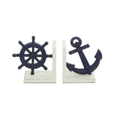 Metal Anchor and Ship Wheel Decorative Blue Bookends Set