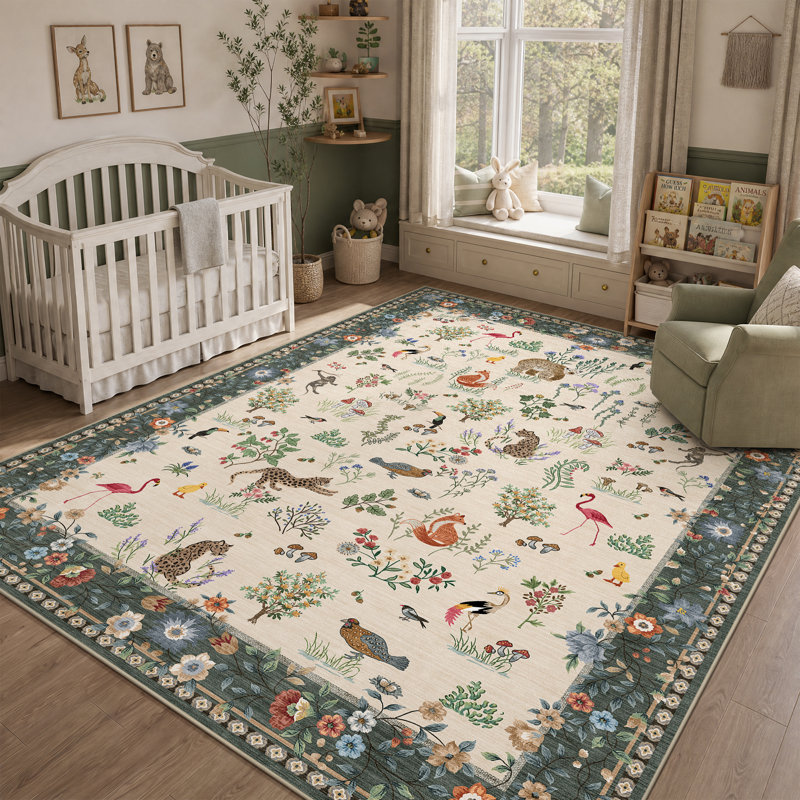 Tapis lavable antidérapant à motifs animaux et végétaux, Beige, Rectangle 5 pi x 7 pi