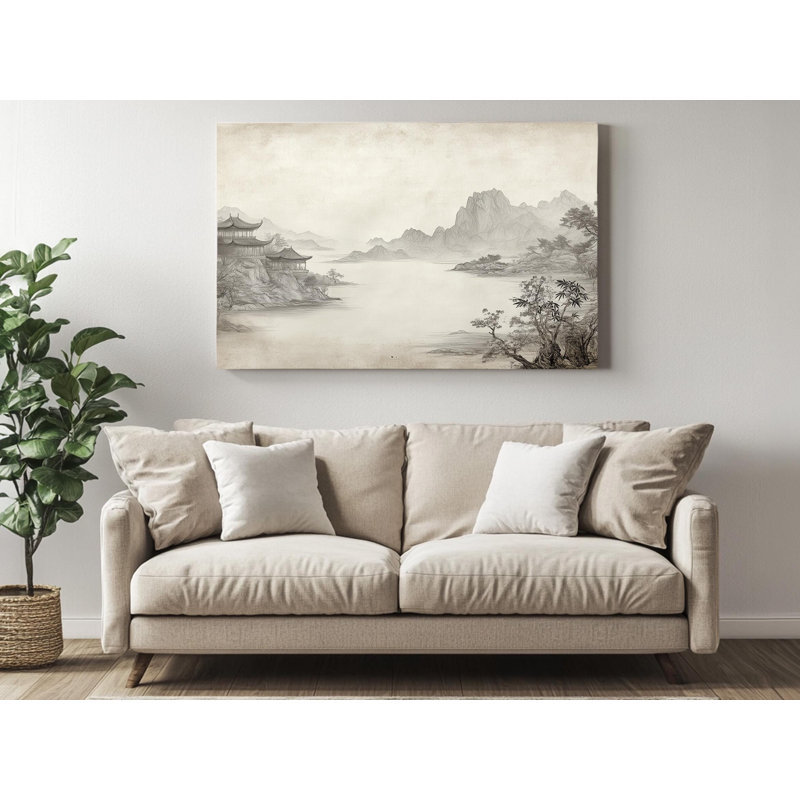 Reproduction d'art sur toile paysage serein asiatique mettant en vedette des montagnes majestueuses et des pagodes élégantes - Zen, décoration murale pour la maison ou le bureau