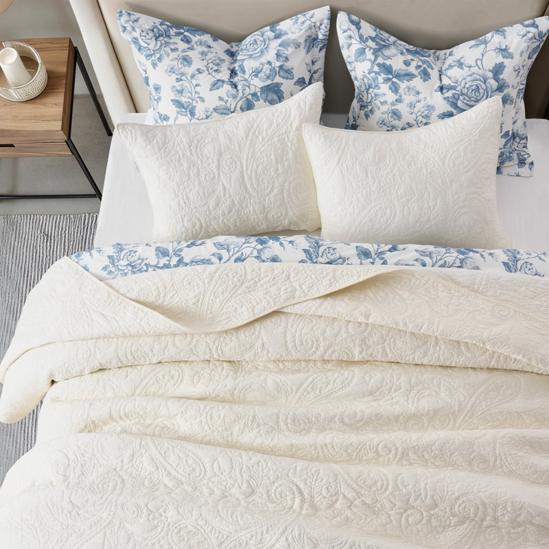 Paisley 100% Cotton Quilt Set 3 Pieces, Queen Quilt + 2 Standard Shams, Ivory White