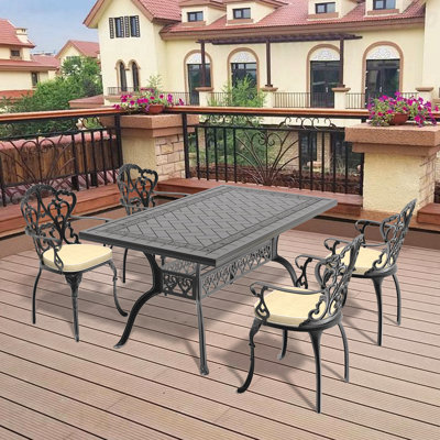 Ensemble de 5 meubles de patio en fonte d'aluminium avec coussins blanc cassé