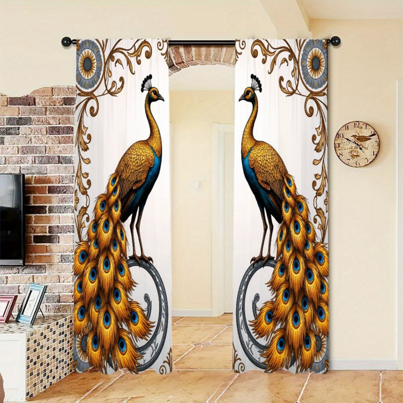 2Pcs Peacock Curtains, Gold Feathers Pattern, Light Filtering, Elegant Style, Versatile for Living Room Bedroom Dining Window Decor