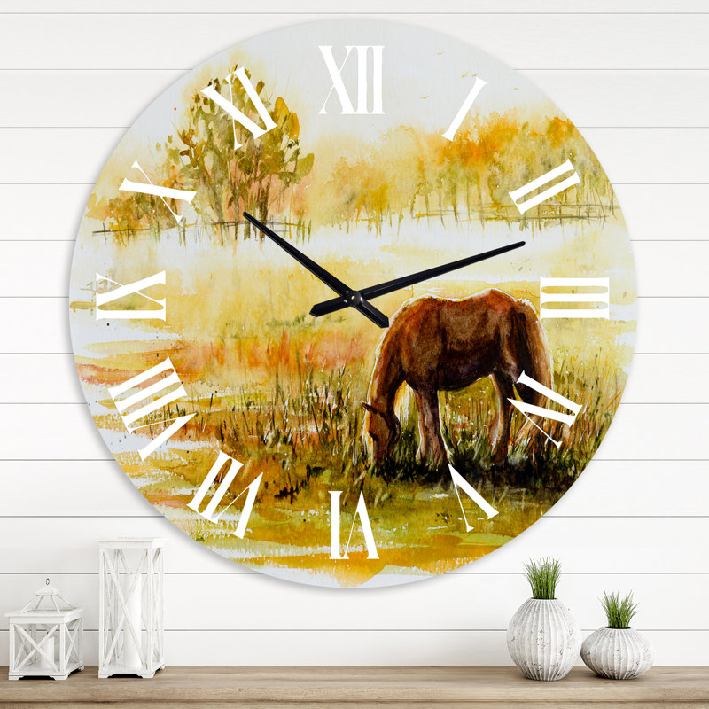 Cheval broutant sur un pré - horloge murale, Surdimensionné