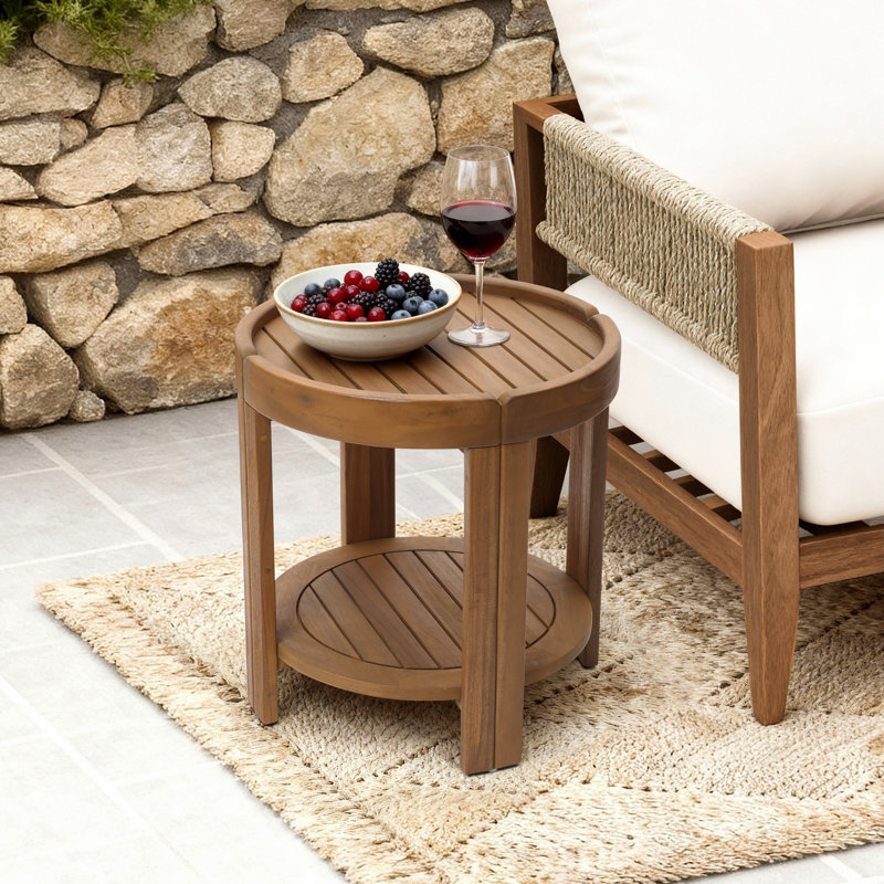Table de bout d'extérieur Acacia, table de patio ronde avec plateau et tablette, hauteur 20,4 po