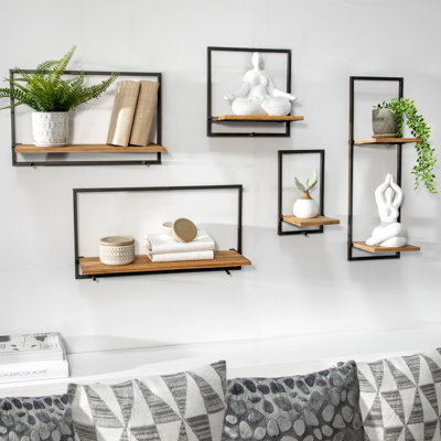 Loddie Metal and Wood Wall Shelf Set Modern Floating Display Shelves with Iron Frame, Decorative and Functional Wall Storage, Stylish Industrial Design