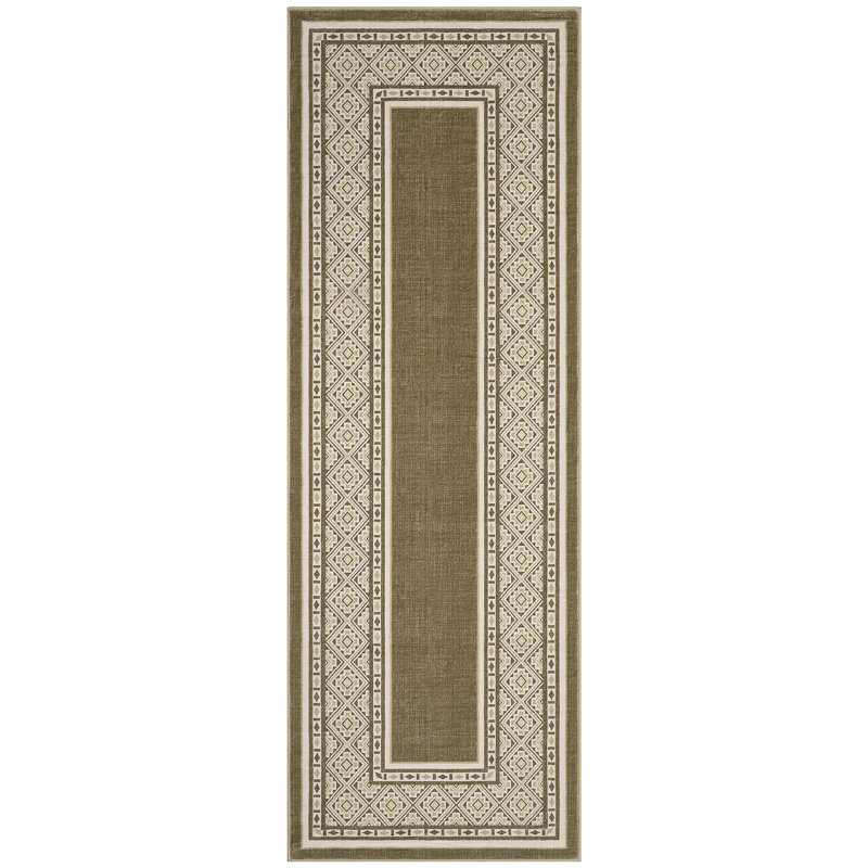 Modern Neutral Bordered Runner Rugs, Brown 2'X6' Soft Washable Non Slip Solid Geometric Long Throw Carpet for Living Room Bedroom Dining Nursery Apartment Dorm Office Farmhouse Hallway Entrway