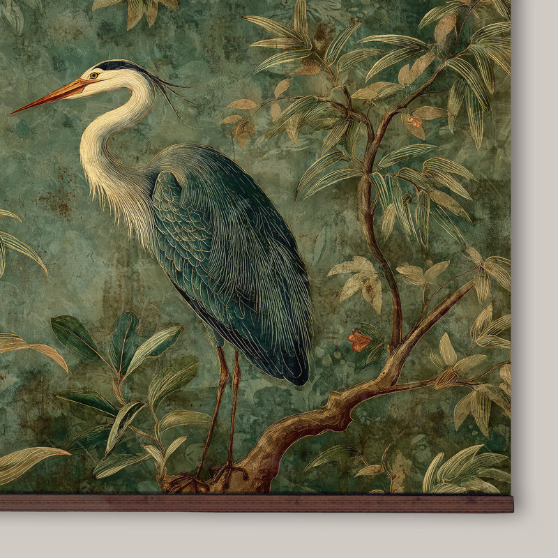 Chinoiserie Heron Tapestry – Vintage Botanical Wall Art, Extra Large Wall Hanging Art, 45" H x 73" W
