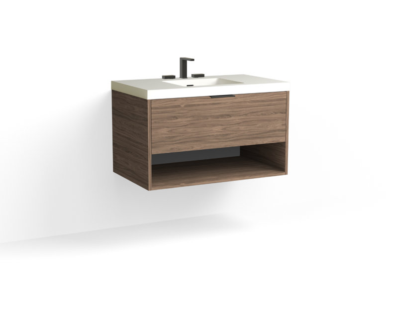 Modo 36" W Wall Mounted Single Bathroom Vanity, Glossy White/8" Widespread, Nocino, Satin Nickel
