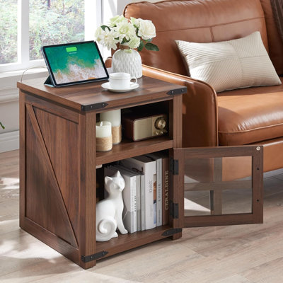 24''H Farmhouse End Table With Charging Station Rustic Nightstand