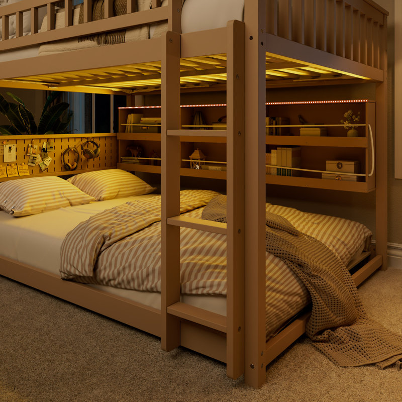 Lit superposé avec tablettes intégrées, lumières à changement de couleur et panneau perforé, Double, Beige