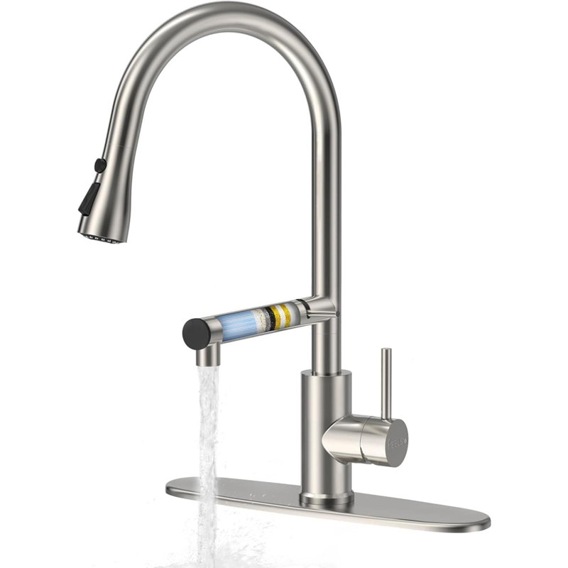 Kitchen Faucets, Upgraded Filter Water Kitchen Faucet With Pull Down Sprayer, Brushed Nickel Stainless Steel High Arc 1 Or 3 Hole Kitchen Sink Faucet For Remove Chorine, Harmful Substances