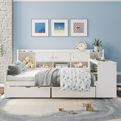 Wooden L-Shape Daybed With Seven Storage Cabinets And Two Storage Drawers, Multi-Functional Bed With Study Desk And Built-In Bookshelf