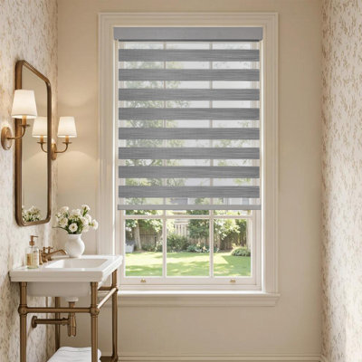 Pro Cordless Zebra Blinds Dual Layer Light Filtering Control Roller Shades Easy Installation Window Blinds for Living Room Home Office, Gray