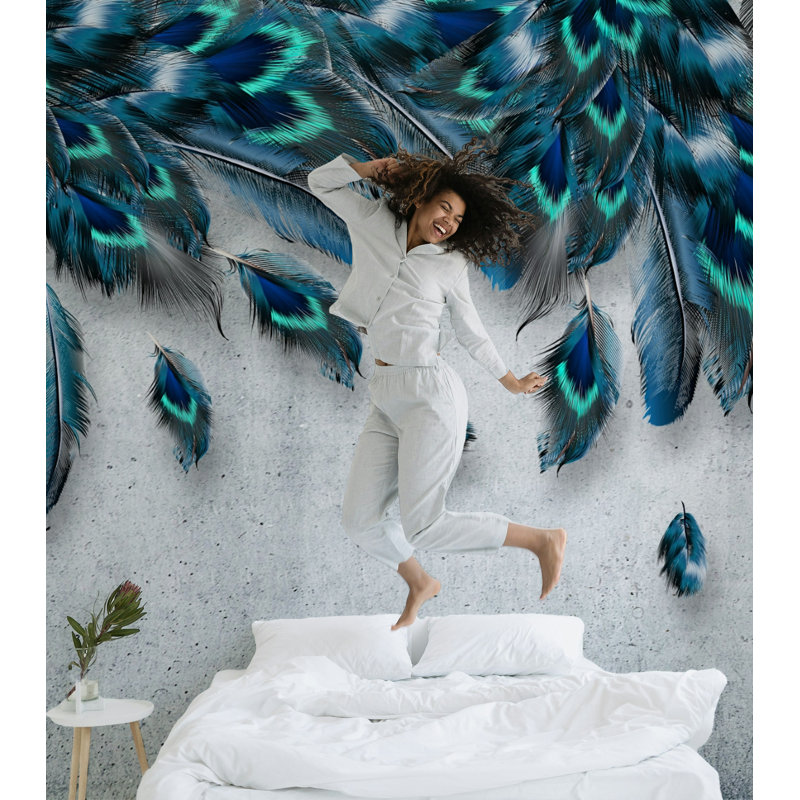Blue Teal Feather Pattern Wallpaper on Gray, 36.96" L x 56" W