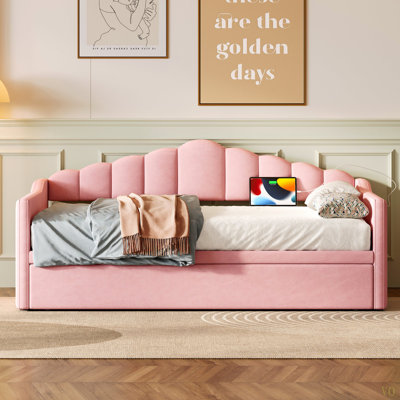 Upholstered Twin Size Daybed With Adjustable Height Pop Up Trundle Twin Bed And USB & Type-C Charging Port, Day Bed Frame With 2 Side Pockets, No Box-Spring Needed