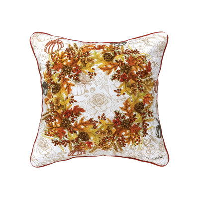 Autumn Wreath Thanksgiving Printed and Embroidered Throw Pillow