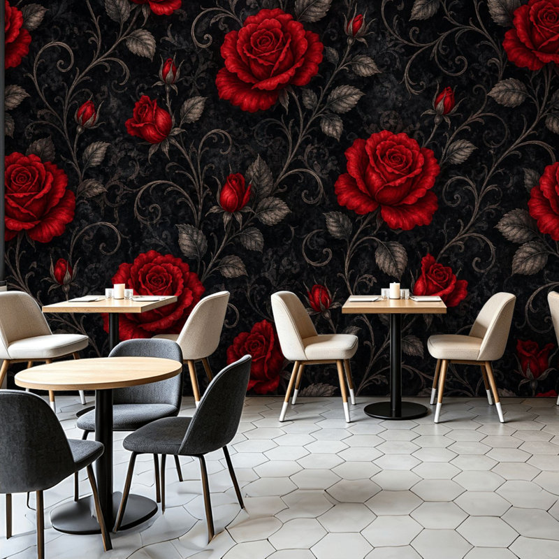 Papier peint adhésif pelez et collez Roses rouges ornées de noir, art mural autoadhésif et amovible, 68.88" L x 96" W