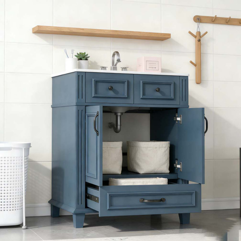 Meuble-lavabo de salle de bain avec lavabo en céramique, armoire de rangement en bois massif, 24'Blue