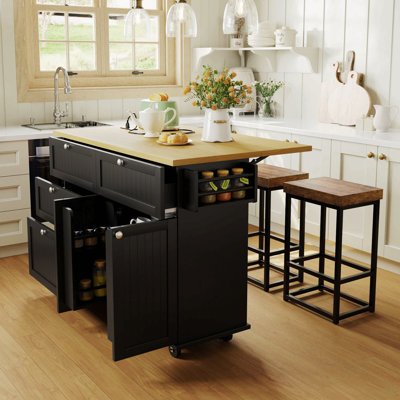 Farmhouse Kitchen Island With Drop Leaf And 2 Seatings, Kitchen Table Set With Storage Cabinet, Drawers, Door Shelves And Power Outlet