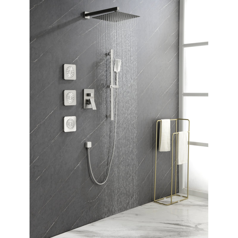 Système de douche avec pomme de douche, douche à main, barre coulissante, jets de corps, bras de douche, tuyau, garniture de valve et poignées à levier