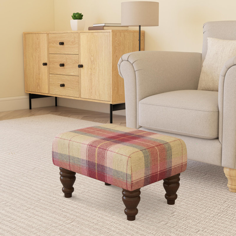 Tartan Material Large Footstools Tartan - Blush Pink - Wood Turned Leg, Mahogany