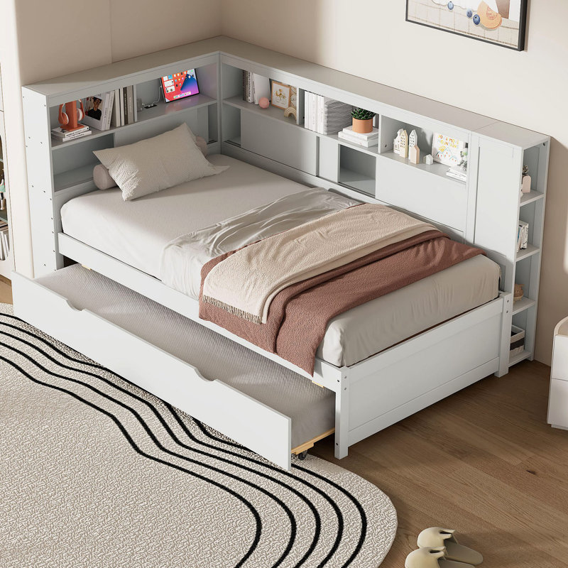 Lit de jour en bois avec tablettes de rangement, USB et lit gigogne, Blanc