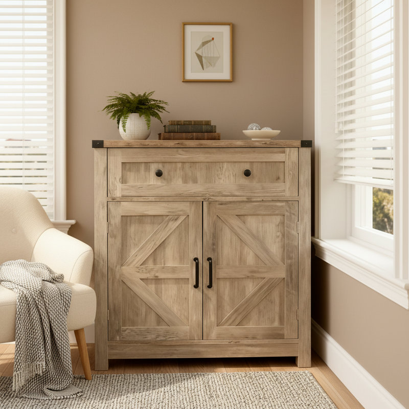 Light Gray-Washed Wood Farmhouse Barn-Door Storage Buffet Sideboard With Drawer For Kitchen Living Room, Brown
