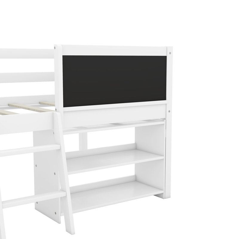 Lit mezzanine simple simple avec deux tablettes mobiles et échelle, avec tableau noir de garde-corps décoratif, blanc, Blanc