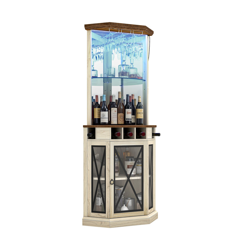 Sophisticated Corner Wine Bar Cabinet with LED Ambience and Versatile Storage