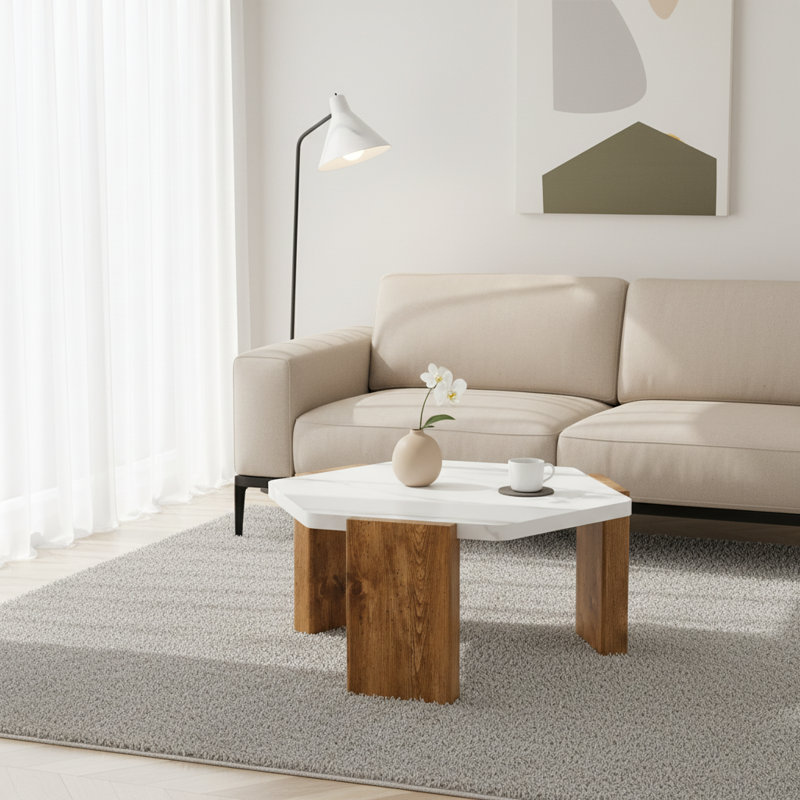 Table basse géométrique moderne de 31 pouces | Surface en faux marbre blanc et base en grain de bois stable | Capacité de 250 lb | Idée de cadeau