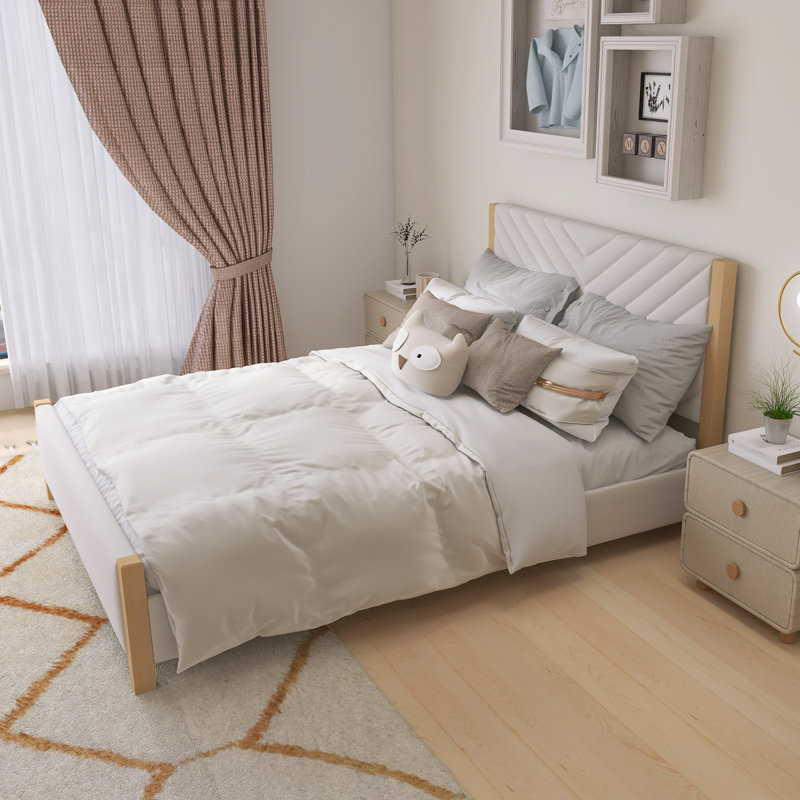 Base de lit tapissier moderne avec tête de lit capitonnée et pieds en bois massif de style moderne Mid-Century, Beige