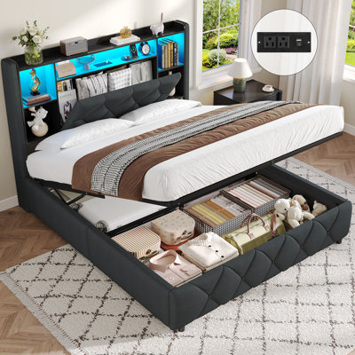 Ottoman Bed Frame with Charging Station and LED Lights, Upholstered Storage Beds with Lift-Up Underbed Storage, Easy Operation