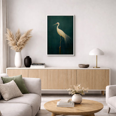 Vintage Green Egret Bird Artwork, Modern Rustic Bathroom Wall Pictures, Large Framed Canvas Giclee Print Wall Art