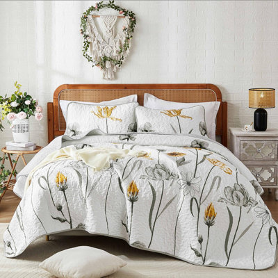 3 Pieces Floral Botanical Quilt Set Lightweight Farmhouse All-Season Bedding Coverlet Set