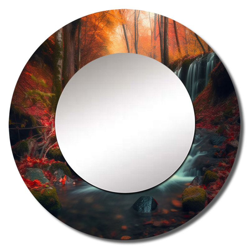 Quinell Waterfall In Fall Forest I - miroir décoratif montagnes, grand miroir mural rond traditionnel, impression d'art en métal