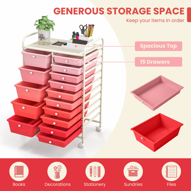 Commode de rangement roulante 15 tiroirs Hoffman, Rose