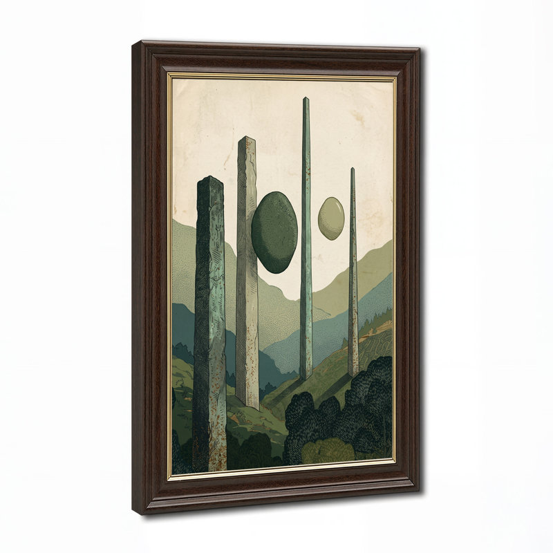 Illustration rétro sur toile de monolithe et de pierres flottantes, H 18 po x l 12 po