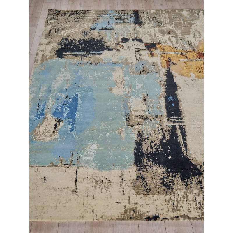 Picasso hand-knotted Wool/Silk Blue Area Rug, 10'X14'