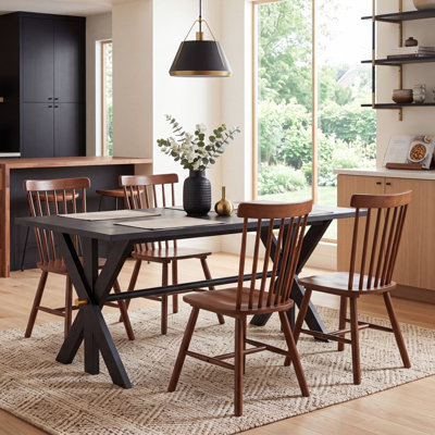 Ensemble de table de salle à manger Modern Farmhouse, table de salle à manger à double tréteaux 78 po et chaise en bois massif Windsor pour la cuisine / salle à manger