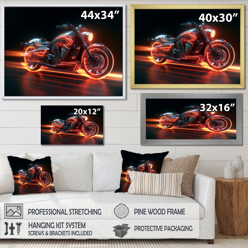 «Neon Light Strips Around Silver Moto», reproduction sur toile, Cadre simple noir, H 34 po x l 44 po x P 1,5 po