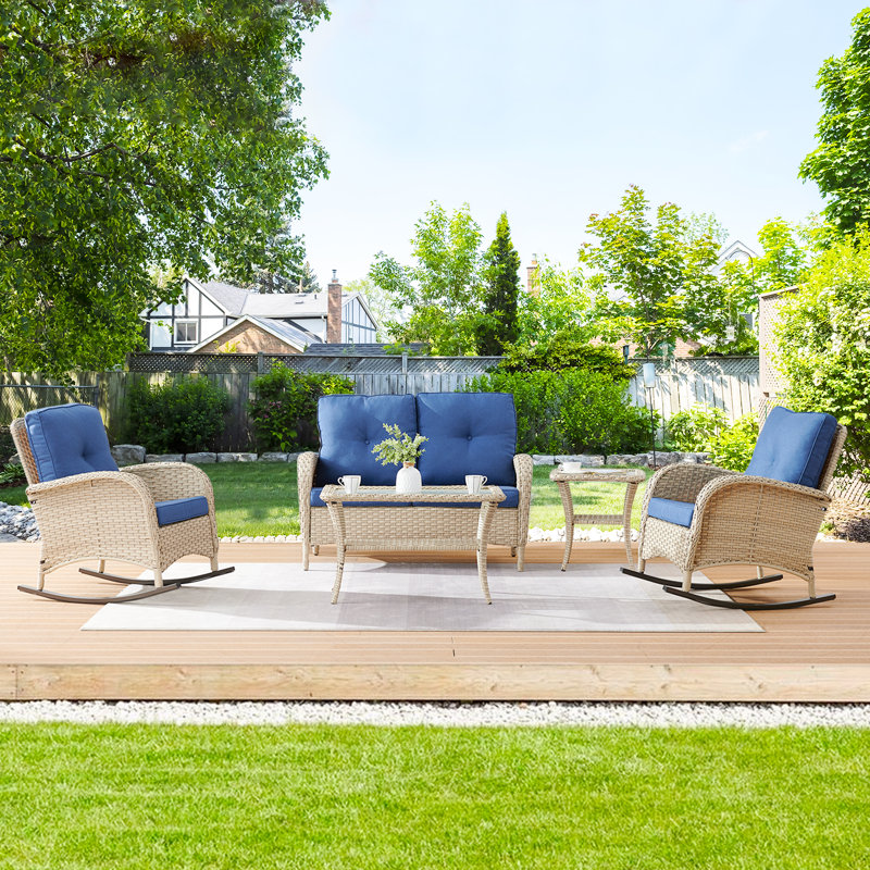 Aluel 4 Person Complete Patio Set with Cushions, Blue, Gray