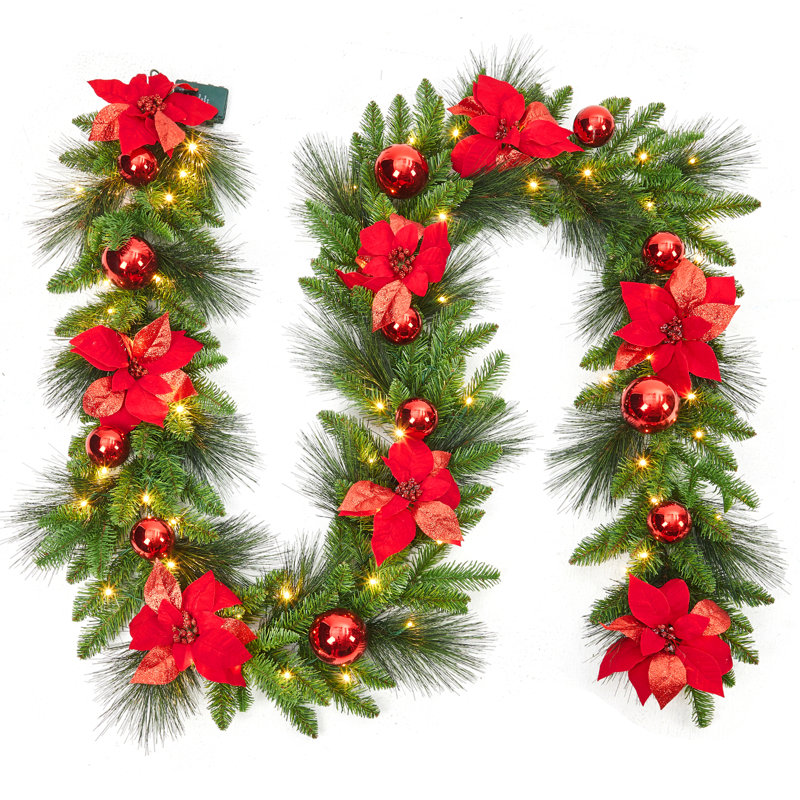 Warm White LED Battery-Operated Pine Garland | PVC Mix, Flexible for Fireplace Mantle, Stairs & Indoor/Outdoor Holiday Decor