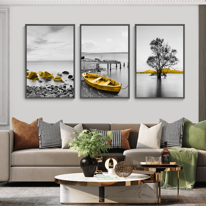 Contrast aluminium encadré, ensemble de 3 reproductions d'art encadrées sur toile, H 24,3 po x l 48,3 po x P 1,65 po