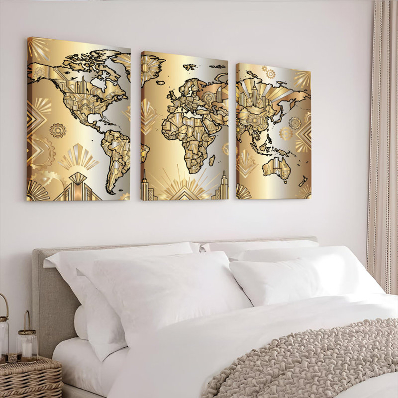 Ensemble de 3 tableaux muraux sur toile à motif Art déco représentant une carte du monde dorée, H 30 po x l 60 po
