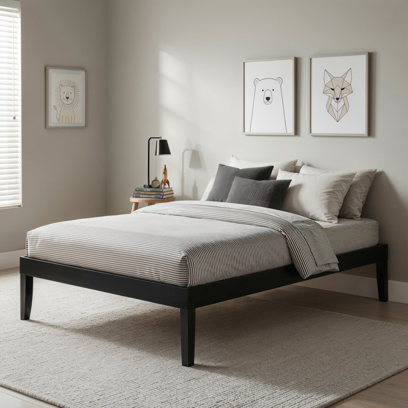 Marialana Contemporary Solid Wood Platform Bed with 13 Support Slats, Full, Black