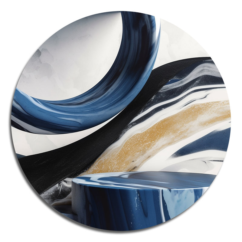 «Blue Cream Bold Shapes Marble», art mural rond abstrait en marbre sur métal, H 16 po x l 16 po x P 1 po