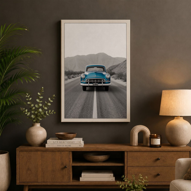 Turquoise Highway Retro 1 Piece Wrapped Canvas Wall Art, 24x16 - 61.0 x 40.6 cm, Teal Border